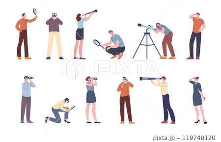 People and binoculars. Men women with telescope, magnifying glasses looking around. Adults business characters searching ideas, kicky vector set People and binoculars. Men women with telescope, magnifying glasses looking around. Adults business characters searching ideas, kicky vector set 119740120