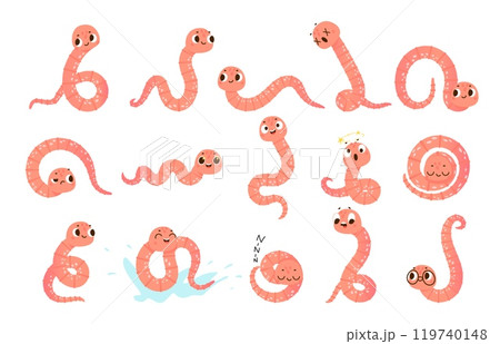 Worms characters. Funny worm different poses, sleeping swimming in puddle. Ground emotional crawlers laugh surprised angry, nowaday cute vector characters 119740148