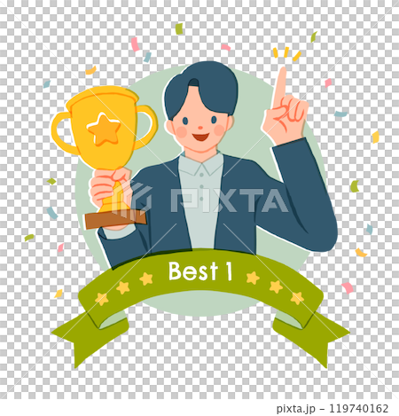 Illustration of a man holding a winning trophy 119740162