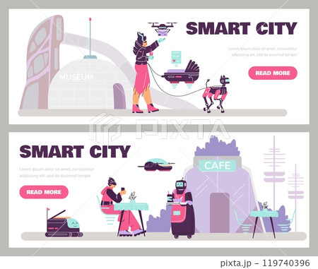 Vector home pages with robot assistants helping people: waiter, drone, flying pram, dog and cleaner Vector home pages with robot assistants helping people: waiter, drone, flying pram, dog and cleaner 119740396