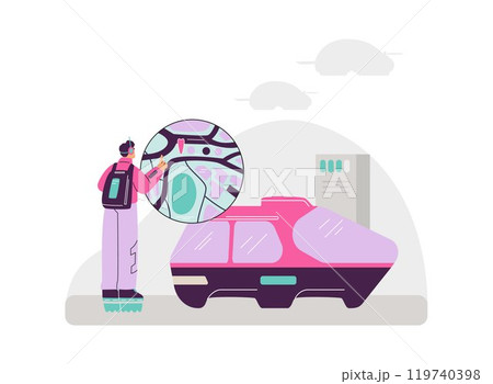 Vector illustration guy looking at a map projection next to a car of the future Vector illustration guy looking at a map projection next to a car of the future 119740398