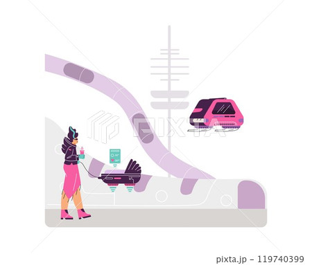 Woman controls a smart flying stroller that reads vital signs. Woman controls a smart flying stroller that reads vital signs. 119740399