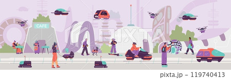 Illustration of smart city of the future with characters, buildings, flying machinery and robots. Illustration of smart city of the future with characters, buildings, flying machinery and robots. 119740413