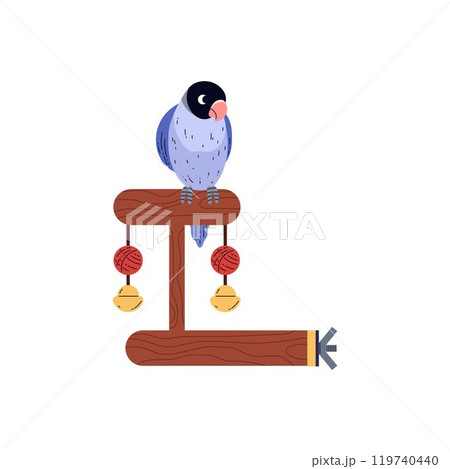 Cartoon Agapornis bird sits on wooden toy with balls, vector decorative exotic pet with blue plumage, domestic parrot Cartoon Agapornis bird sits on wooden toy with balls, vector decorative exotic pet with blue plumage, domestic parrot 119740440