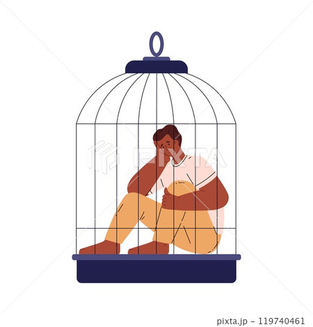 Vector illustration with man is sitting in a cage, expressing feelings of sadness and despair. 119740461