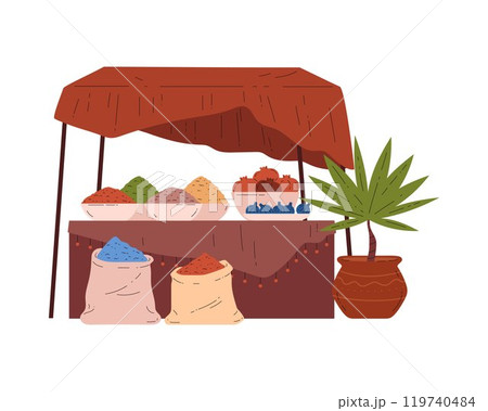 Vector illustration of an oriental market with figs, pomegranates and spices on a white background. 119740484