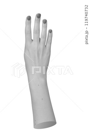 A closeup of a womans hand with four fingers extended, against a clean white background. The gesture 119740732