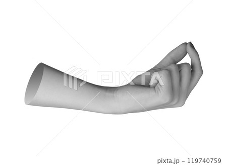 hand with painted nails, fingers closed in a pinching gesture, pinky slightly extended, isolated on 119740759