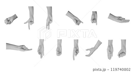 Different hand gestures and signs set, fingers arms isolated on white background Different hand gestures and signs set, fingers arms isolated on white background 119740802