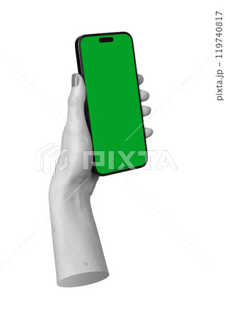 Berlin Germany October 21 2024 Woman holding an iPhone with a blank screen, isolated on a white 119740817