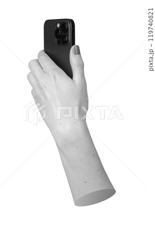 Berlin Germany October 21 2024 Woman holding an iPhone at a tilted angle, isolated on a white 119740821