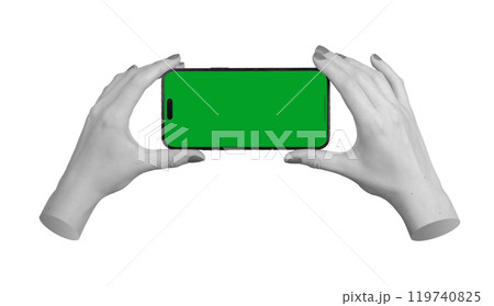 Berlin Germany October 21 2024 Horizontally green iPhone with a blank screen, held by a female hand. 119740825