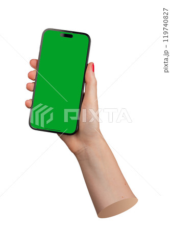 Berlin Germany October 21 2024 Green iPhone Pro held with a blank screen, isolated on Berlin Germany October 21 2024 Green iPhone Pro held with a blank screen, isolated on 119740827