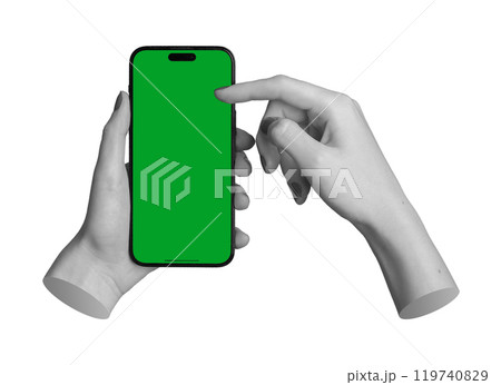 Berlin Germany October 21 2024 Green iPhone Pro held by a woman s hand, finger pointing at the blank 119740829