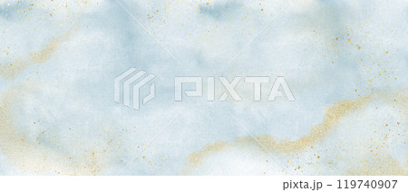 Blue abstract background with golden shapes for Christmas banner or New Year backdrop. Illustration of winter texture with ice. Drawing for Xmas greeting cards or holiday invitations template. 119740907