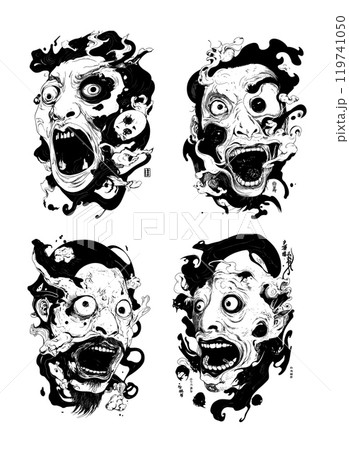 Screaming japan melting man face black ink sketch vector concepts. Smoke steam fog creepy asian demon horror avatar suffering evil creature head portrait, comic manga illustrations 119741050