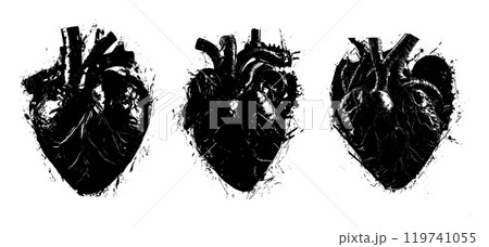 Rebellion heart black ink sketch vector concepts. Chain fused big veins blood human organ etype red splashes, distorted noise warped glitches grunge patterns thorn textures artifacts love symbol 119741055