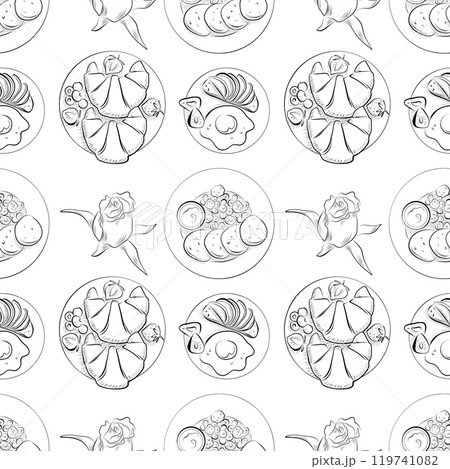 vector seamless pattern line art elements - food, cuisine breakfast vector seamless pattern line art elements - food, cuisine breakfast 119741082