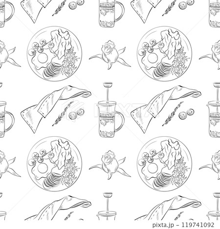 vector seamless pattern line art elements - food, cuisine breakfast 119741092