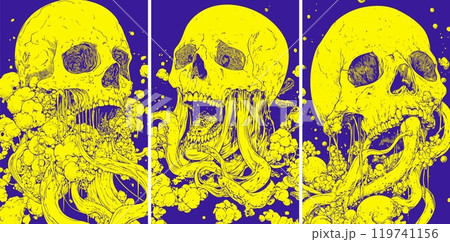 Deceasing skull remains color ink sketch vector concepts. Human skeleton dead head plague melting, horror japan asian manga comic bone scary affliction falling apart curse illustrations Deceasing skull remains color ink sketch vector concepts. Human skeleton dead head plague melting, horror japan asian manga comic bone scary affliction falling apart curse illustrations 119741156