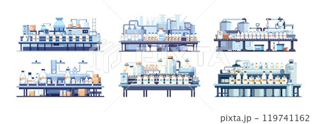 Dairy production conveyor cartoon vector concepts. Milk bottles food stage industry machine process, beverage farm drinks automatic fabrication assembly plant, isolated illustrations Dairy production conveyor cartoon vector concepts. Milk bottles food stage industry machine process, beverage farm drinks automatic fabrication assembly plant, isolated illustrations 119741162