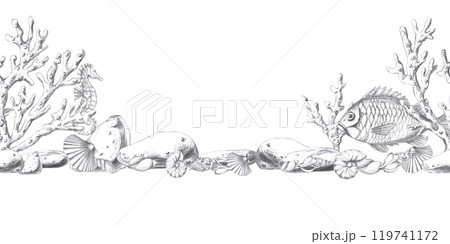 Seamless border with underwater inhabitants. Isolated pencil graphic illustration for design of printed products of seafood restaurants, menus, textiles, packaging Seamless border with underwater inhabitants. Isolated pencil graphic illustration for design of printed products of seafood restaurants, menus, textiles, packaging 119741172
