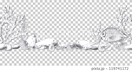 Seamless border with underwater inhabitants. Isolated pencil graphic illustration for design of printed products of seafood restaurants, menus, textiles, packaging Seamless border with underwater inhabitants. Isolated pencil graphic illustration for design of printed products of seafood restaurants, menus, textiles, packaging 119741172