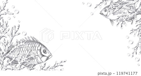 Rectangular frame with corner elements of corals with fish and air bubbles. Isolated pencil graphic illustration for seafood restaurant print design, menu 119741177