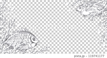 Rectangular frame with corner elements of corals with fish and air bubbles. Isolated pencil graphic illustration for seafood restaurant print design, menu 119741177