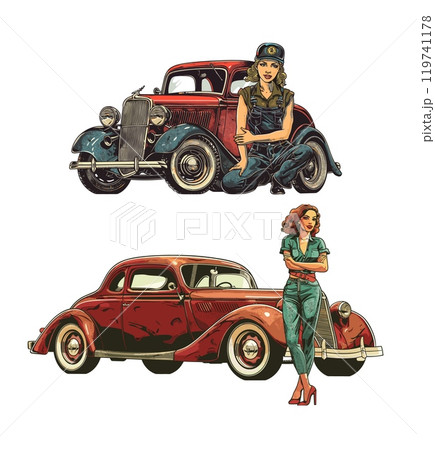 Cartoon mechanic girl and car. Overalls pin up woman usa old cab standing near vintage vehicle, american retro muscle automobile repair service pop art female, isolated vector illustrations 119741178