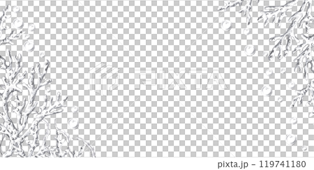 Rectangular frame with corner elements made of corals and air bubbles. Isolated pencil graphic illustration for seafood restaurant print design, menu 119741180