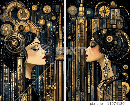 Art deco cartoon woman portrait. Black dress pearls earrings gothic female , golden halo big gray sad eyes girl, bronze metallic patterns retro cityscape behind, vector illustration 119741204