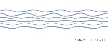 Wave seamless border. Illustration of pattern with sea or marine on isolated background. Drawing of backdrop in pastel blue colors. Ornament with curve lines for nautical design. Striped border Wave seamless border. Illustration of pattern with sea or marine on isolated background. Drawing of backdrop in pastel blue colors. Ornament with curve lines for nautical design. Striped border 119741214