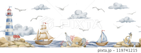 Seamless watercolor wallpaper with lighthouse and sailboats. Illustration with beacon and ships for nursery wall art. Landscape with light house, sailing boats and clouds for childish design. 119741215