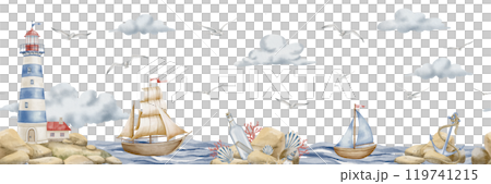 Seamless watercolor wallpaper with lighthouse and sailboats. Illustration with beacon and ships for nursery wall art. Landscape with light house, sailing boats and clouds for childish design. 119741215