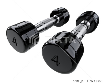 Two blank Round Dumbbells with number 4, black weightlifting gym equipment 119741386