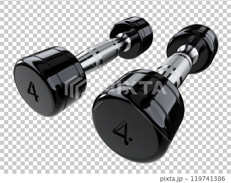 Two blank Round Dumbbells with number 4, black weightlifting gym equipment 119741386