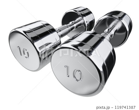 Two blank Round Dumbbells with number 10, chrome weightlifting gym equipment Two blank Round Dumbbells with number 10, chrome weightlifting gym equipment 119741387