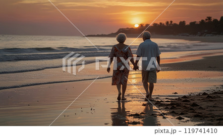 elderly couple walking at the beach 119741410