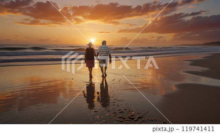 elderly couple walking at the beach 119741411