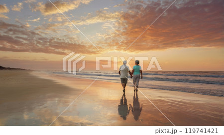 elderly couple walking at the beach 119741421