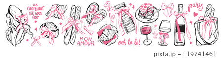 French bakery dessert icon set, vector Paris croissant baguette macaroon doodle illustration, wine. French bakery dessert icon set, vector Paris croissant baguette macaroon doodle illustration, wine. 119741461