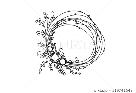 Single continuous line flower circle frame. Hand drawn round line border wedding invitation concept design one. Elegant minimalist floral sketch outline drawing vector illustration 119741548