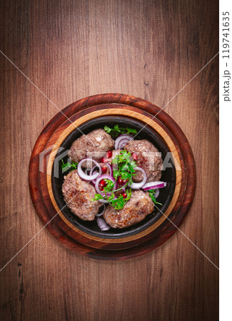 fried apkhazura, cutlet in a fat grid, spicy, Georgian dish, fried on ketsi, homemade, no people, 119741635