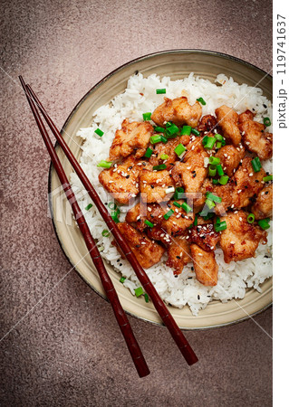 fried chicken teriyaki with rice, green onion and sesame, homemade, no people, 119741637