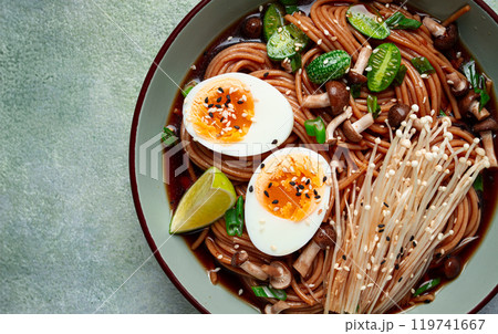 soba, buckwheat noodles, with enoki mushrooms, shimeji and boiled egg, top view, homemade, no people, 119741667