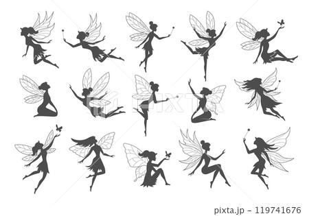 Fairy silhouettes. Flying beauty fantasy female characters in action poses recent vector fantasy female persons 119741676