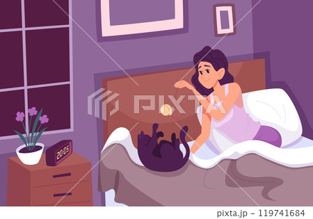 Woman relax. Female person relax in bed exact vector cartoon background illustration 119741684