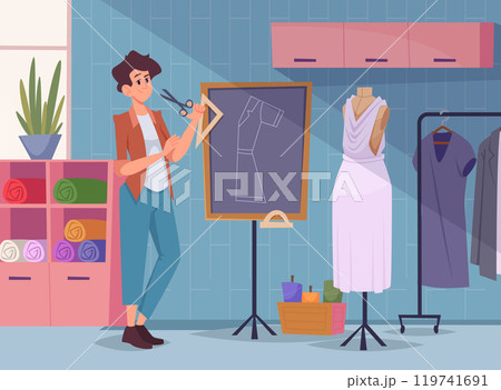 tailor designer. clothes production fashioned boutique. vector cartoon background 119741691