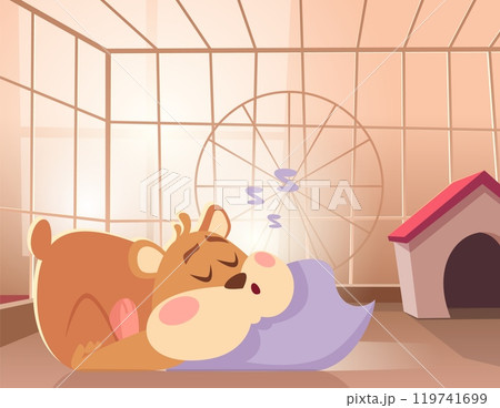 hamster. funny fat domestic animal hamster sleeping in cage hamster. funny fat domestic animal hamster sleeping in cage 119741699